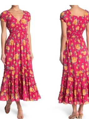 Betsey Johnson Pink Ruffled Tiered maxi Sundress size Large